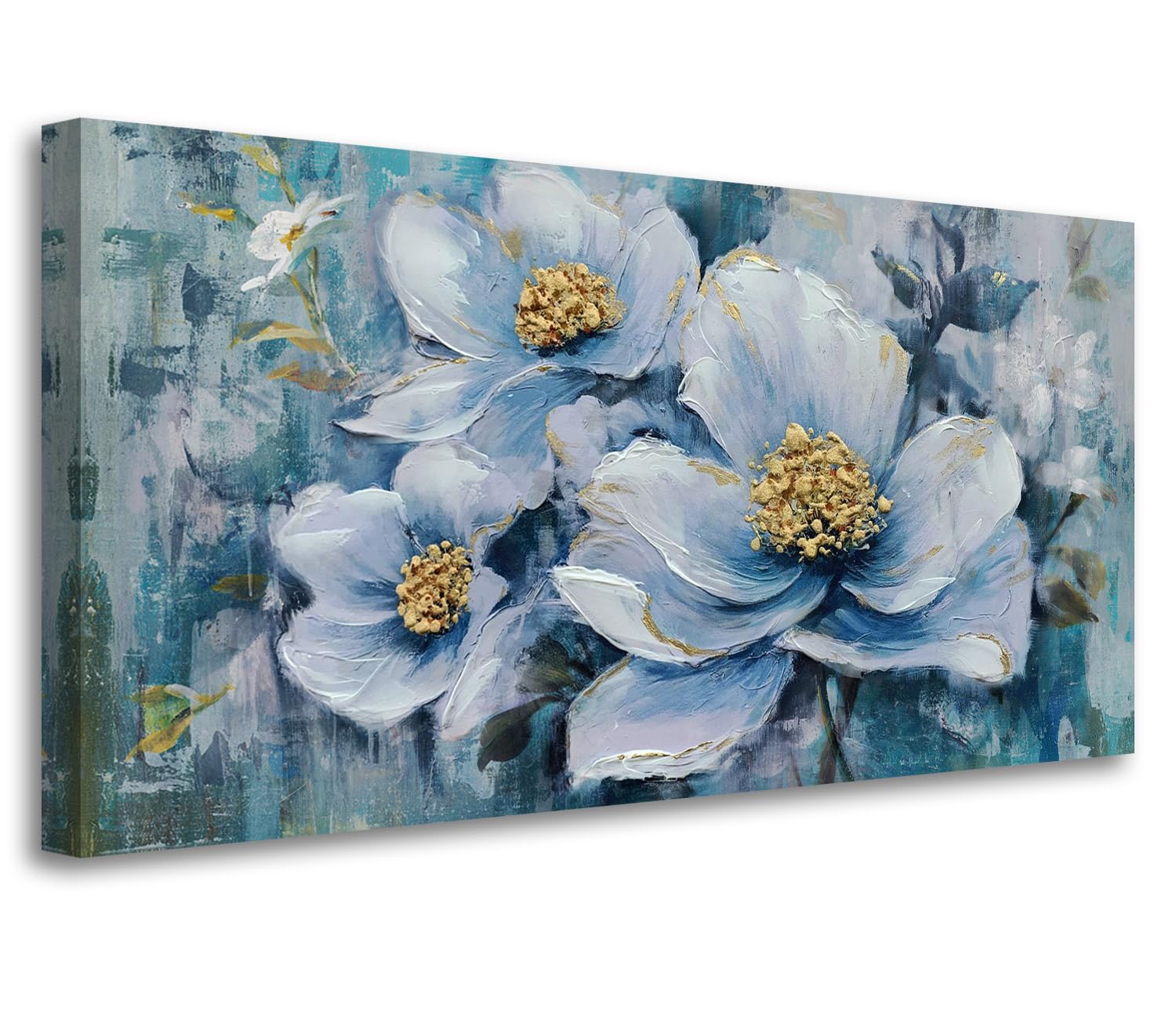 Acocifi Flower Canvas Wall Art Elegant Florals Painting Teal Blue Abstract Landscape Picture, Modern Large Textured Artwork Framed for Living Room Bedroom Bathroom Office Home Decor 40