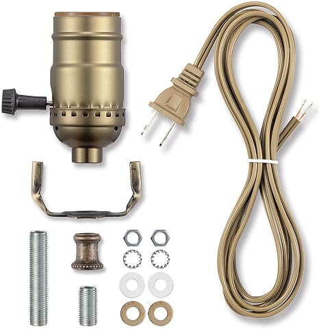 Lamp Making Kit, Lamp Parts for Repair Replacement or Rewire Table and Floor Lamps, 3 Way Socket 12 Foot Matching Cord and Essential Hardware, DIY Lamp Kits for Do It Yourself (Antique Brass)