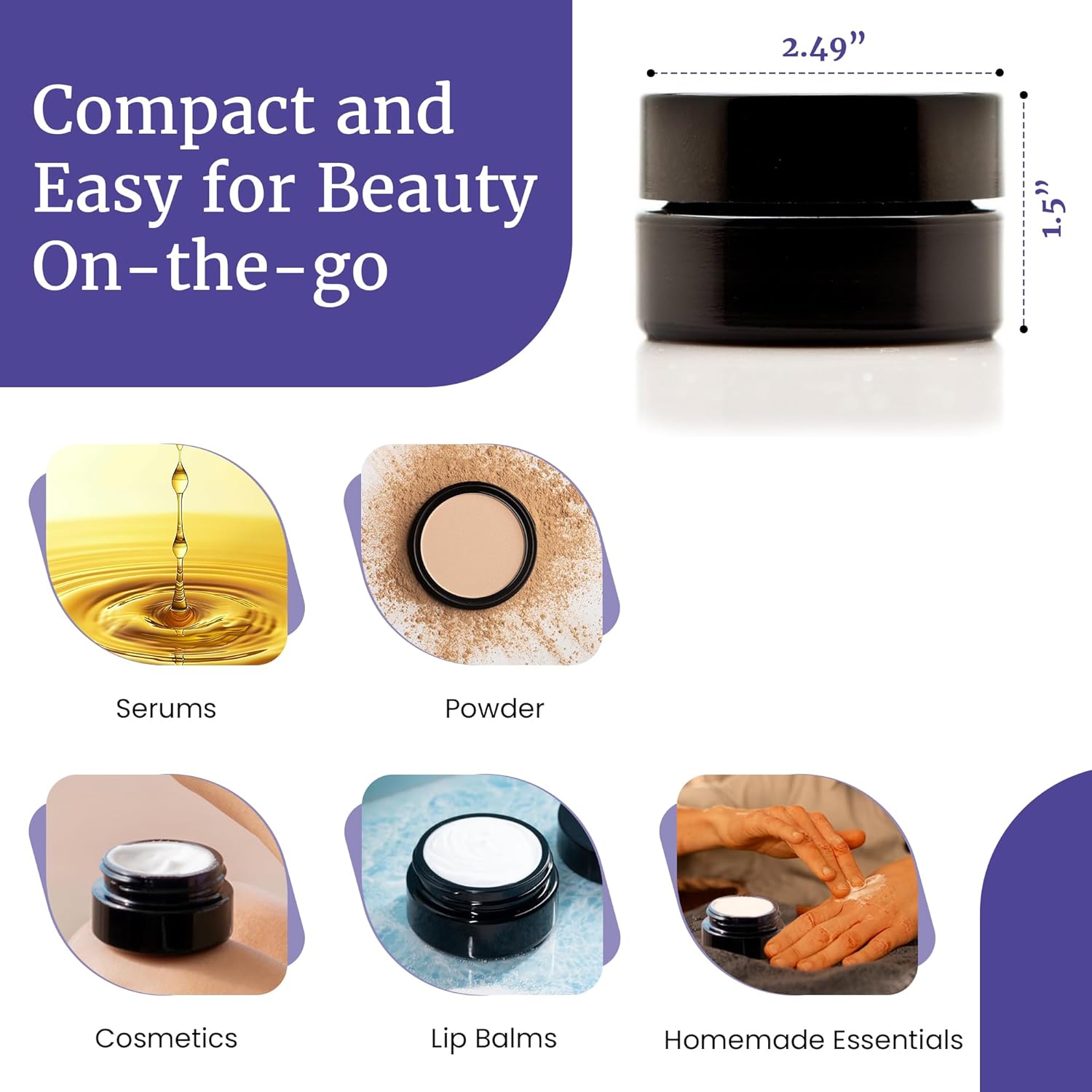 Infinity Jars 50 ml (1.7 fl oz) Black Ultraviolet Glass Cosmetic Jar with Screw Top Lid – Airtight UV-Blocking Refillable Container for Creams, Balms, Salves, Herbs & Essential Oils 3 Pack