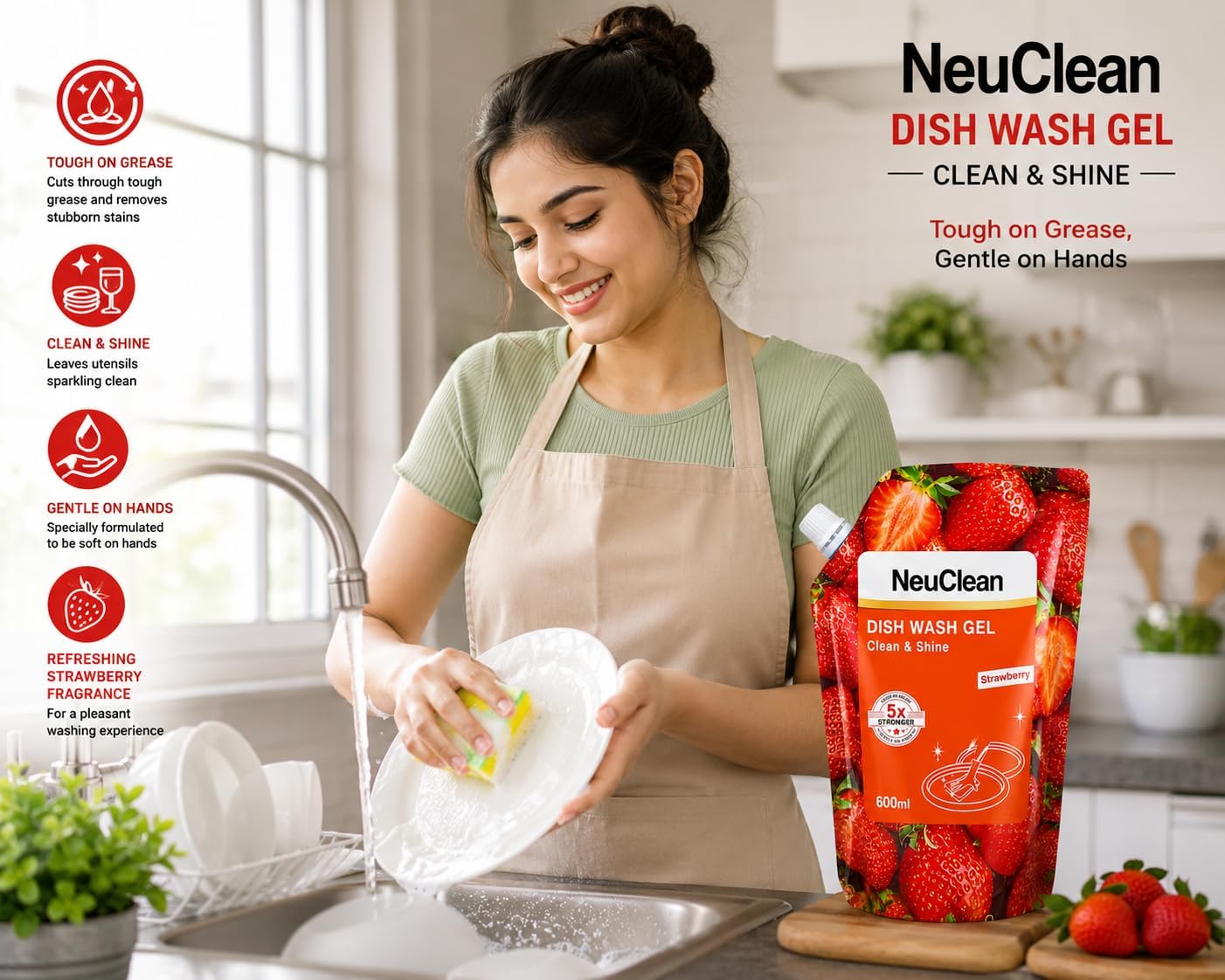 NeuClean Dish Wash Gel Clean & Shine Strawberry 600ml image 4