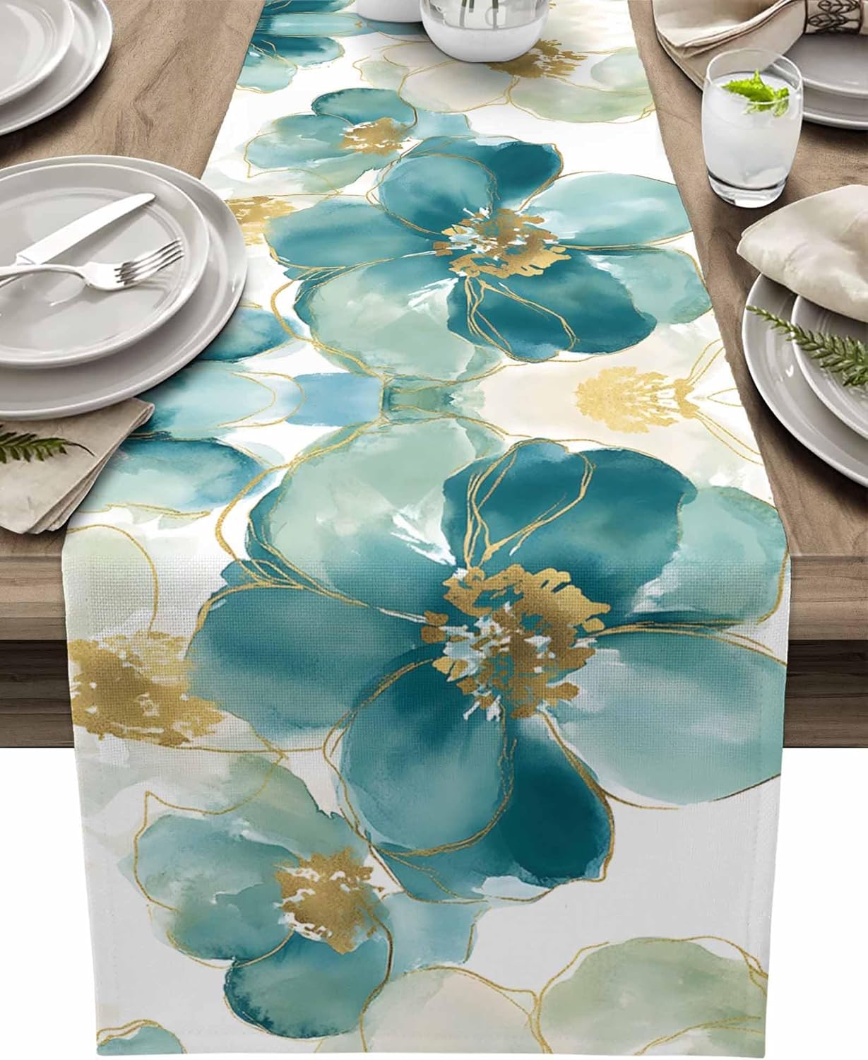 Table Runner Watercolor Blue Teal Golden Flowers Table Decoration for Kitchen Dinning Modern Art Table Decoration for Indoor Outdoor Holiday Party Wedding Decor 13x120 Inch