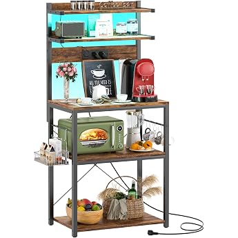 iSunirm Baker's Rack with Socket Microwave Stand 5-Tier Coffee Bar Station with LED Lights Kitchen Rack with 6 S-shaped Hooks Kitchen Rack for Spices Pots and Pans Rustic Brown