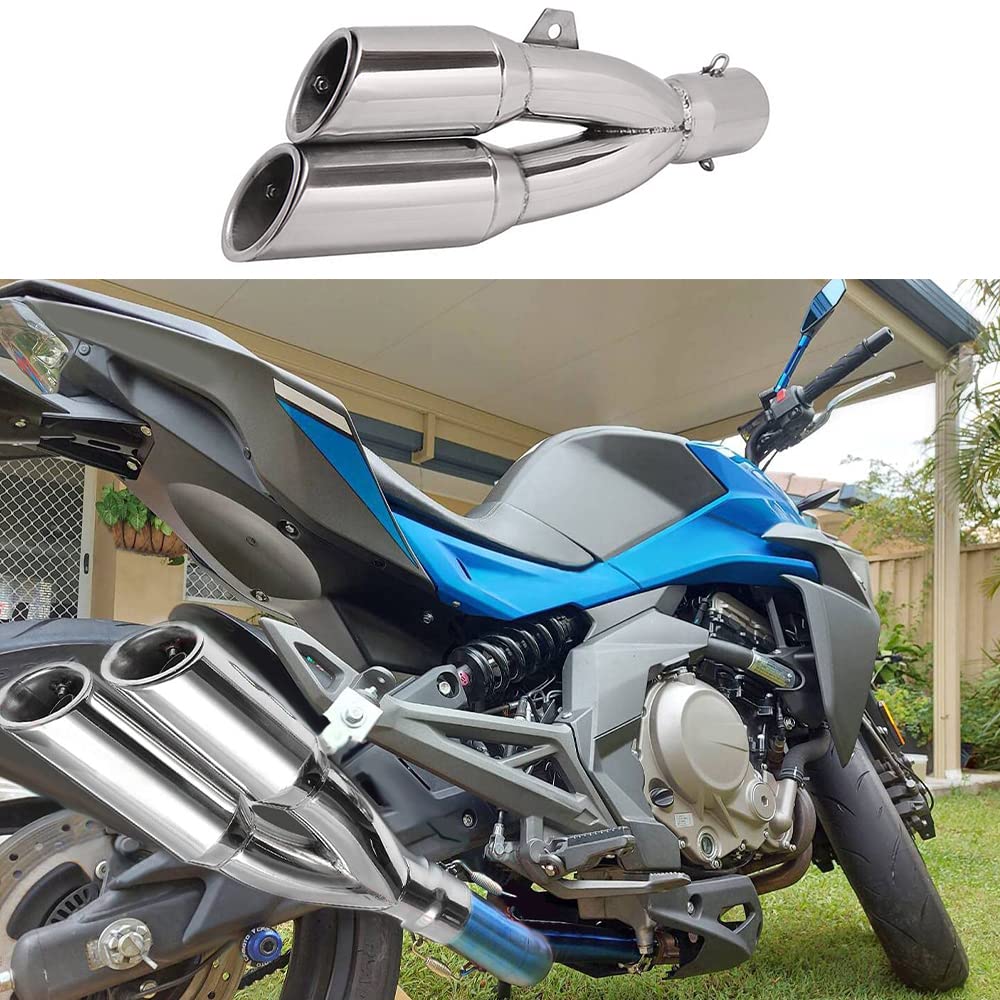 Baceyong Edelstahl-Motorrad-Auspuff mit zwei Ausgängen, Auspuff-Kit mit Endrohr-Spitze