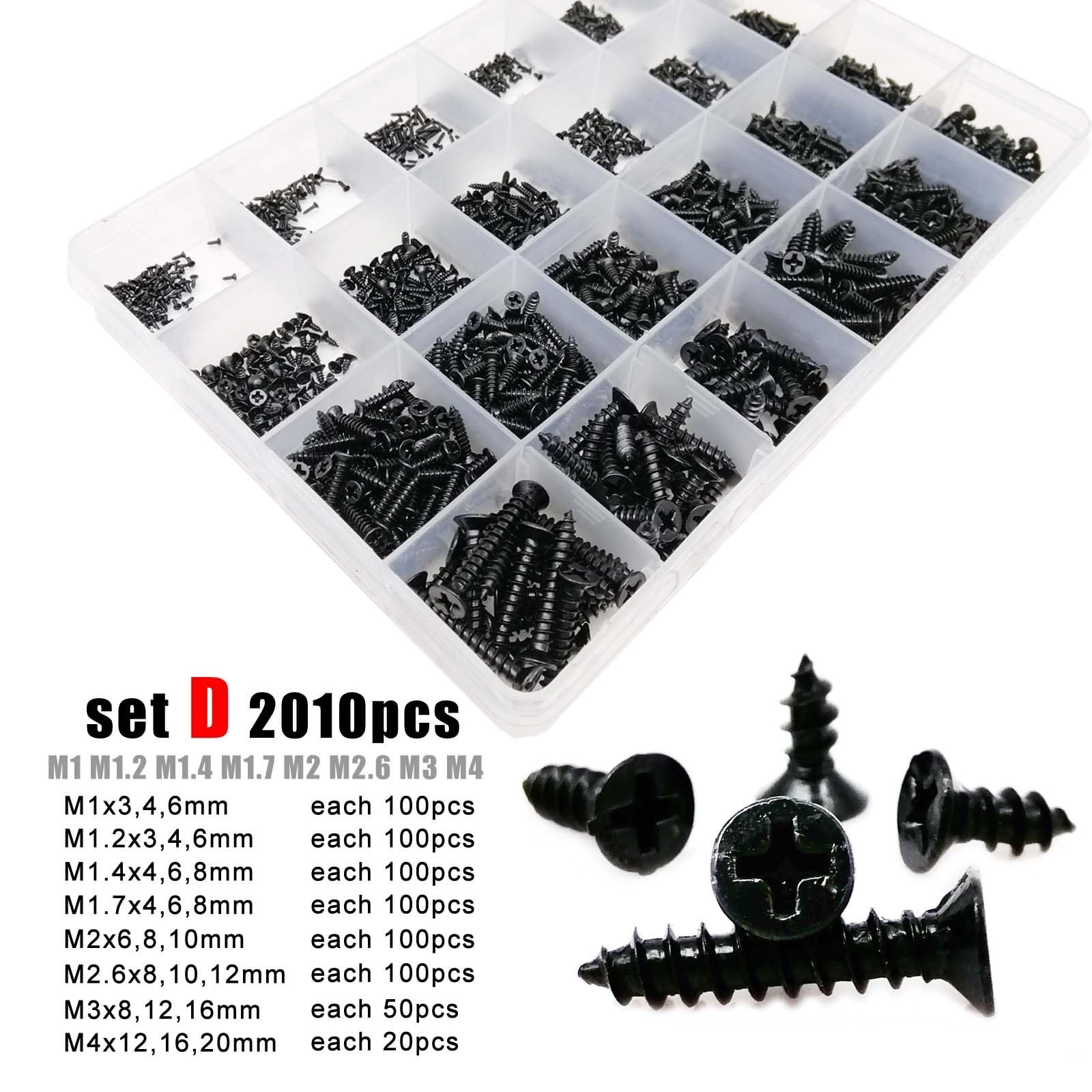 Pièces à Visser 700/1000/1350/2010pc M1 .4 .7 M2 M3 M4 Noir Croix Plate Tête Fraisée Autotaraudeuse Vis À Bois Ensemble Kit D'assortiment(Set D 2010pcs)