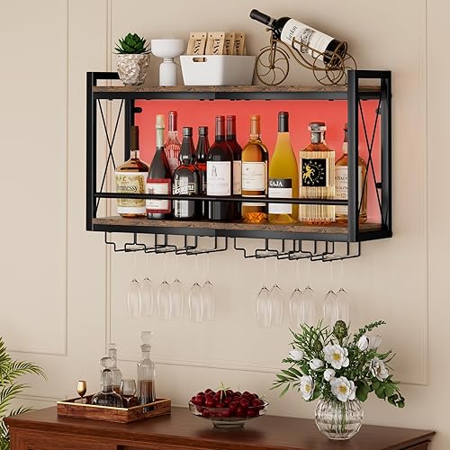 Shikha Wall Mounted Wine Rack with LED Lights, 31.4" Wine Shelf with Glass Holder, 2 Tier Hanging Wine Storage Rack, Premium Wooden Metal Liquor Bottle Display Shelf for Home Bar Kitchen