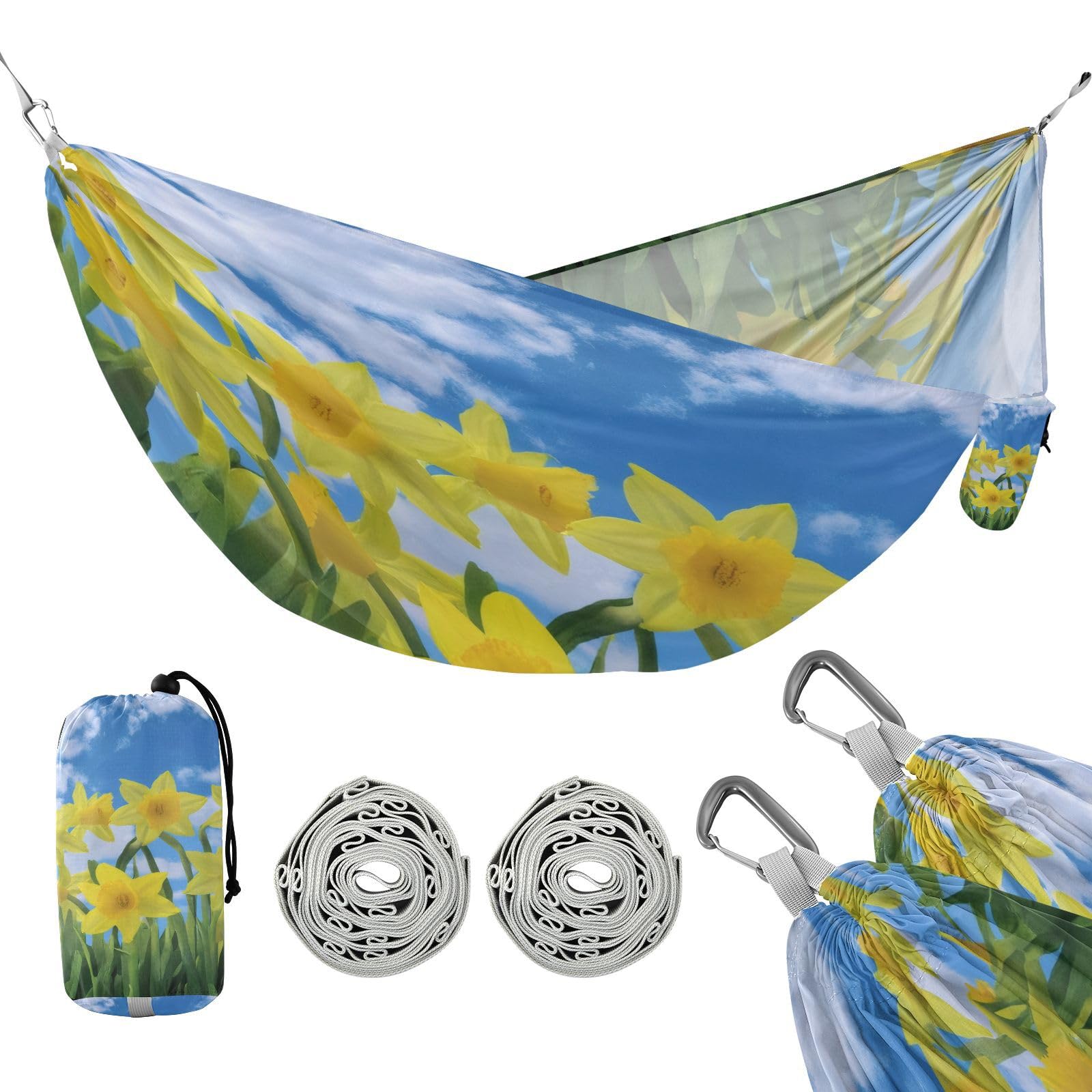 Haskirky Daffodil Flowers Sky Cloudscape Camping Hammock, Single Portable Hammocks with Tree Straps & Attached Carry Bag, 330Lbs Capacity Perfect for Outside Indoor Hiking Beach Backpack Travel