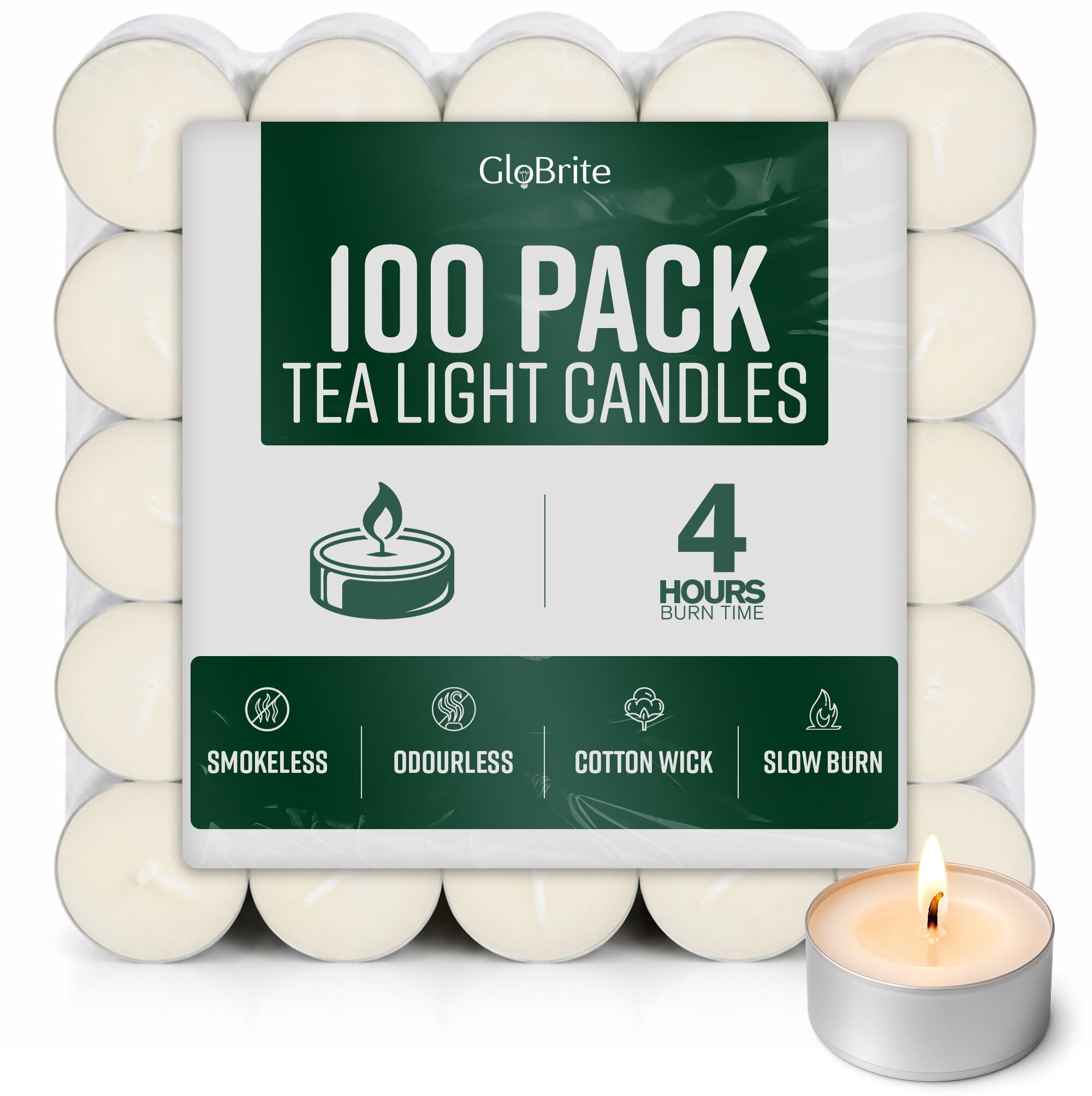 GloBrite Unscented Tea Lights – 4 Hour Burn Tealight Candles – Long Burning Tea Lights for Home, Events & Decorative Use (Pack of 100)