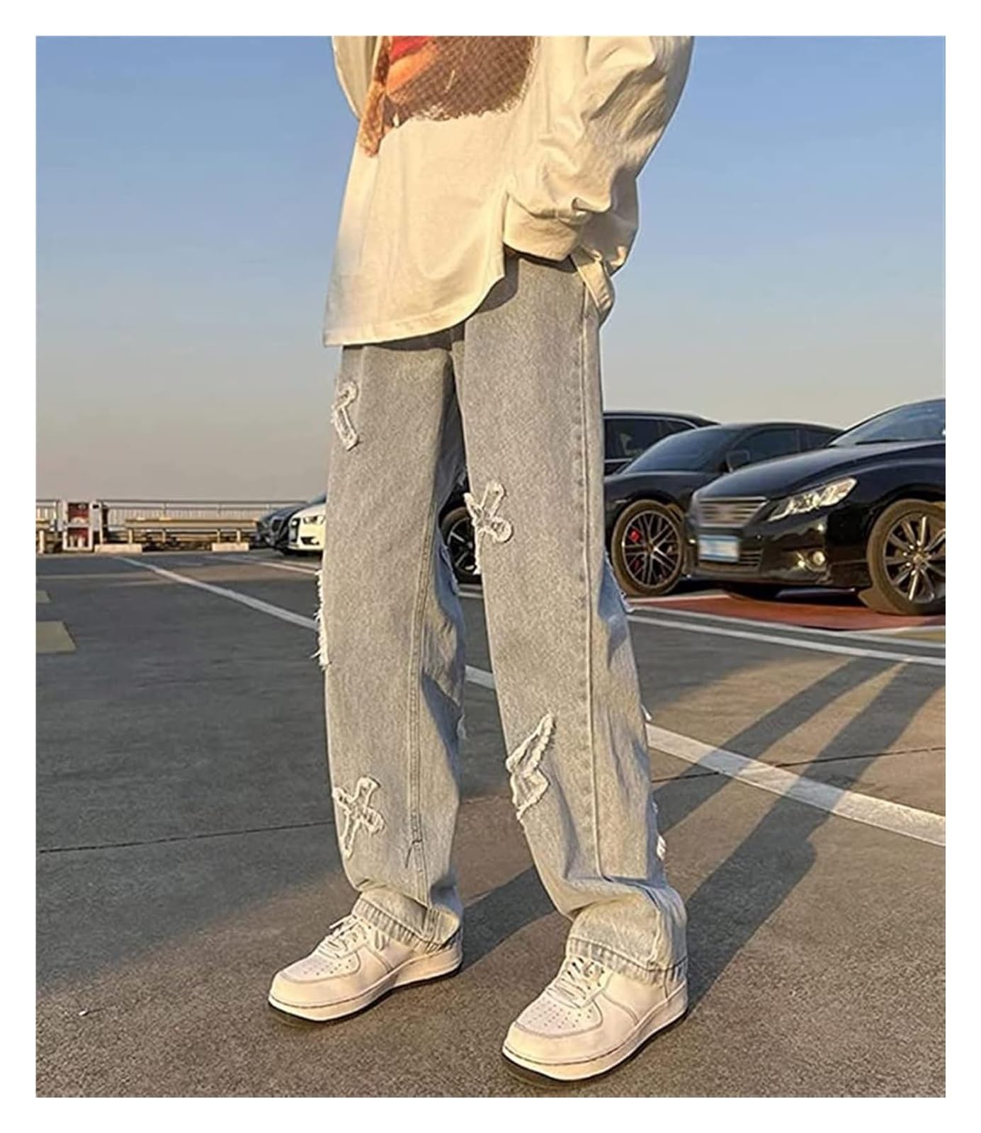 SIYAN Baggy Jeans spodnie kieszonkowe, męskie denim, spodnie cargo, szerokie spodnie na nogi, luźne spodnie streetwear hip hop, harajuku, vintage, Y2K, proste nogawki, streetwear (niebieskie, XL)