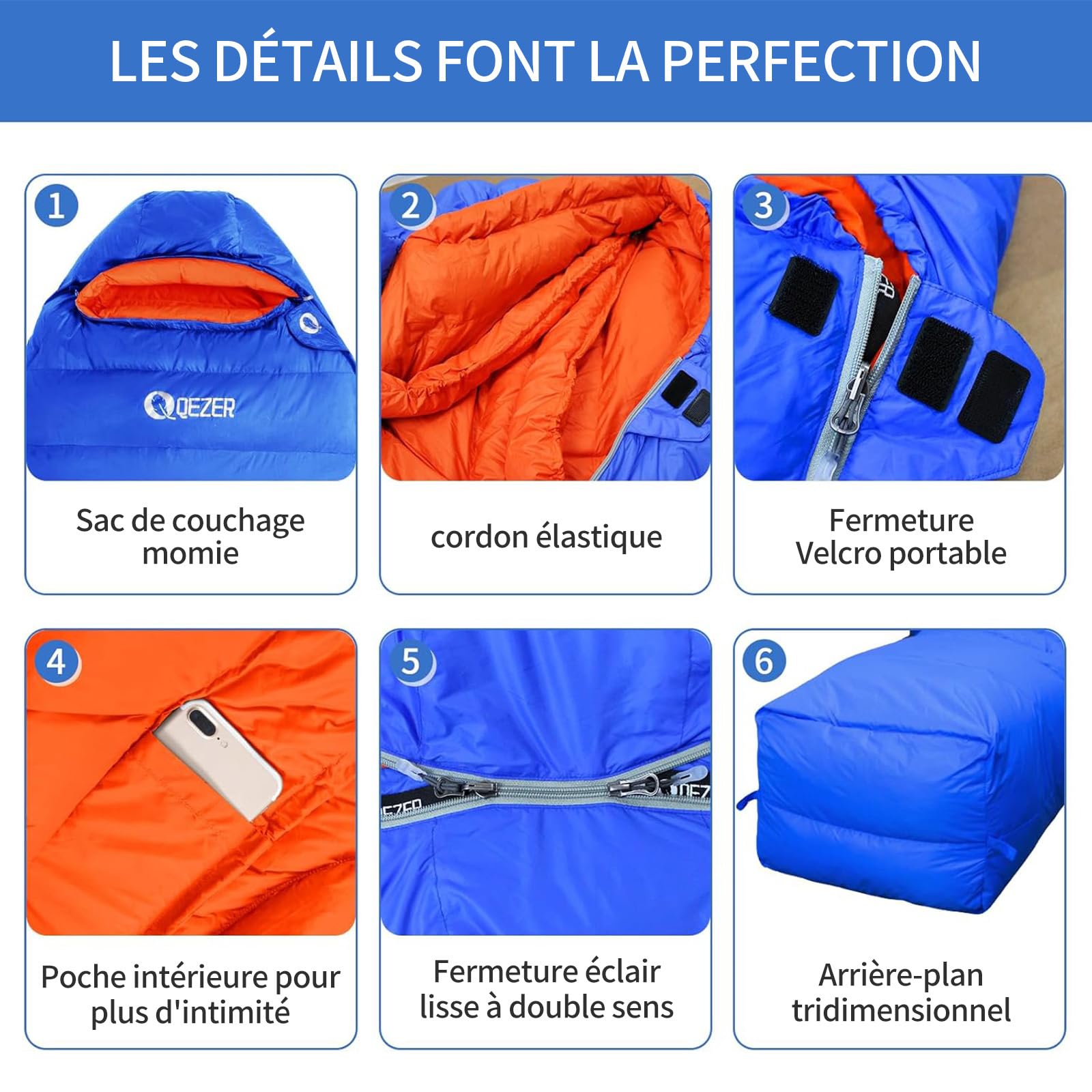 Sac De Couchage En Duvet QEZER – Léger Et Compact – 800g/1000g De Duvet De Canard 620 FP – Confort Jusqu’à -10°C – Idéal Pour Camping, Trekking, Hiver