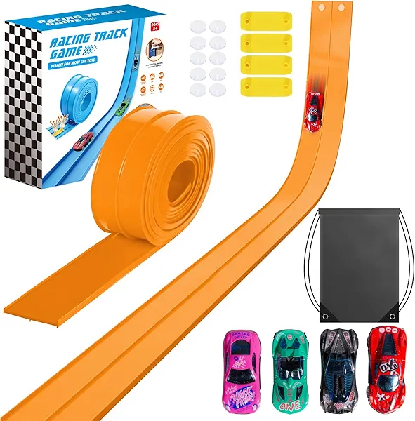 Flexible Race Track for Kids 3+, Flex Track Race Ramp Cars with 4 Cars and 10 Suction Cups, DIY Portable FlexTrack and Diecast 1/64th Cars, Birthday Gifts for Boys Girls