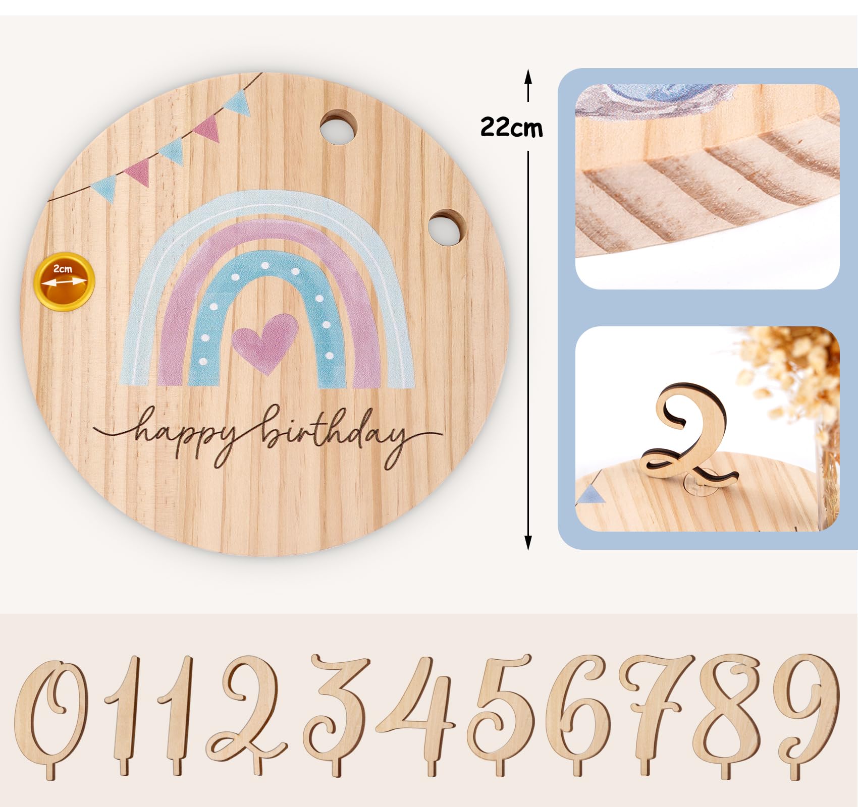 Geburtstagsteller Holz Personalisierter Geburtstagskranz mit Kerzenhalter Vase Zahlen 0-9 Gästebuch Geburtstag Geburtstagsdeko Geburtstagsgeschenk für Jungen Mädchen, (Regenbogen)