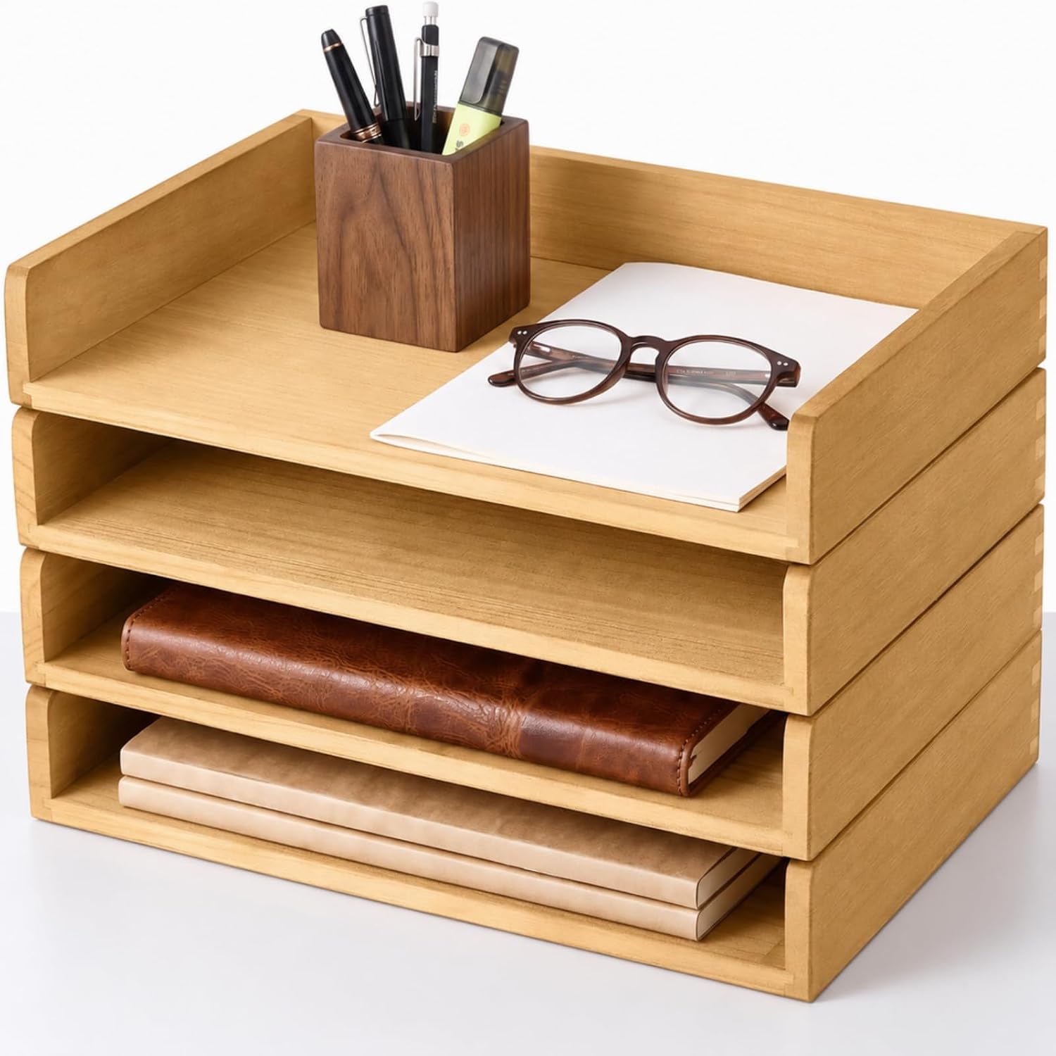 Yeaqee 4 Pcs Stackable Organizer Tray Wood Desk Organizer, Light Wood Color
