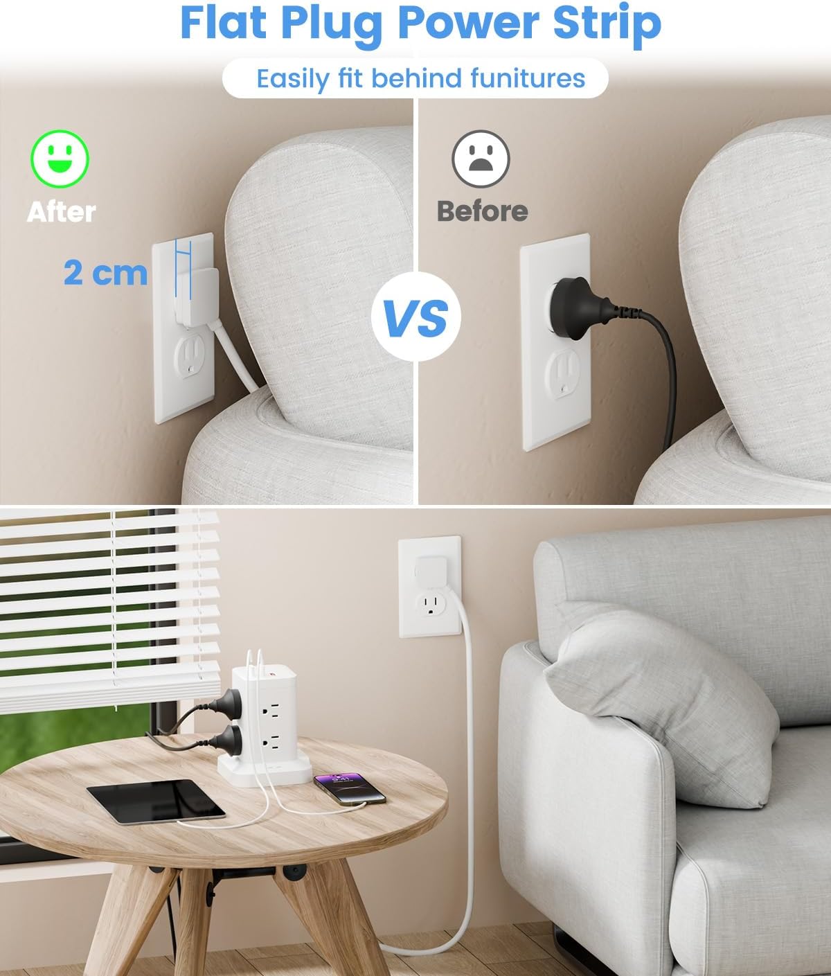Power Strip Tower with Surge Protector 1800J, Fast Charging Tower PD20W USB-C Ports with 8 AC Outlets, 6ft Extension Cord for Home Office Dorm Room, White