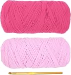PATIKIL T-Shirt Yarn for Crocheting with 1 Crochet Hook, 2 Pack 400g/130 Yards Soft High Elastic Knitting Yarn for Beginner Crochet Bag/Basket/Home Decor(Pink/Rose Red)