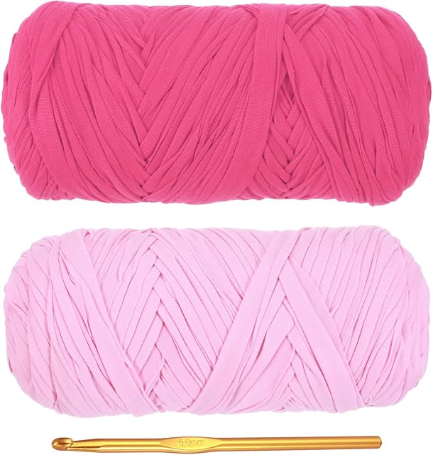 PATIKIL T-Shirt Yarn for Crocheting with 1 Crochet Hook, 2 Pack 400g/130 Yards Soft High Elastic Knitting Yarn for Beginner Crochet Bag/Basket/Home Decor(Pink/Rose Red)