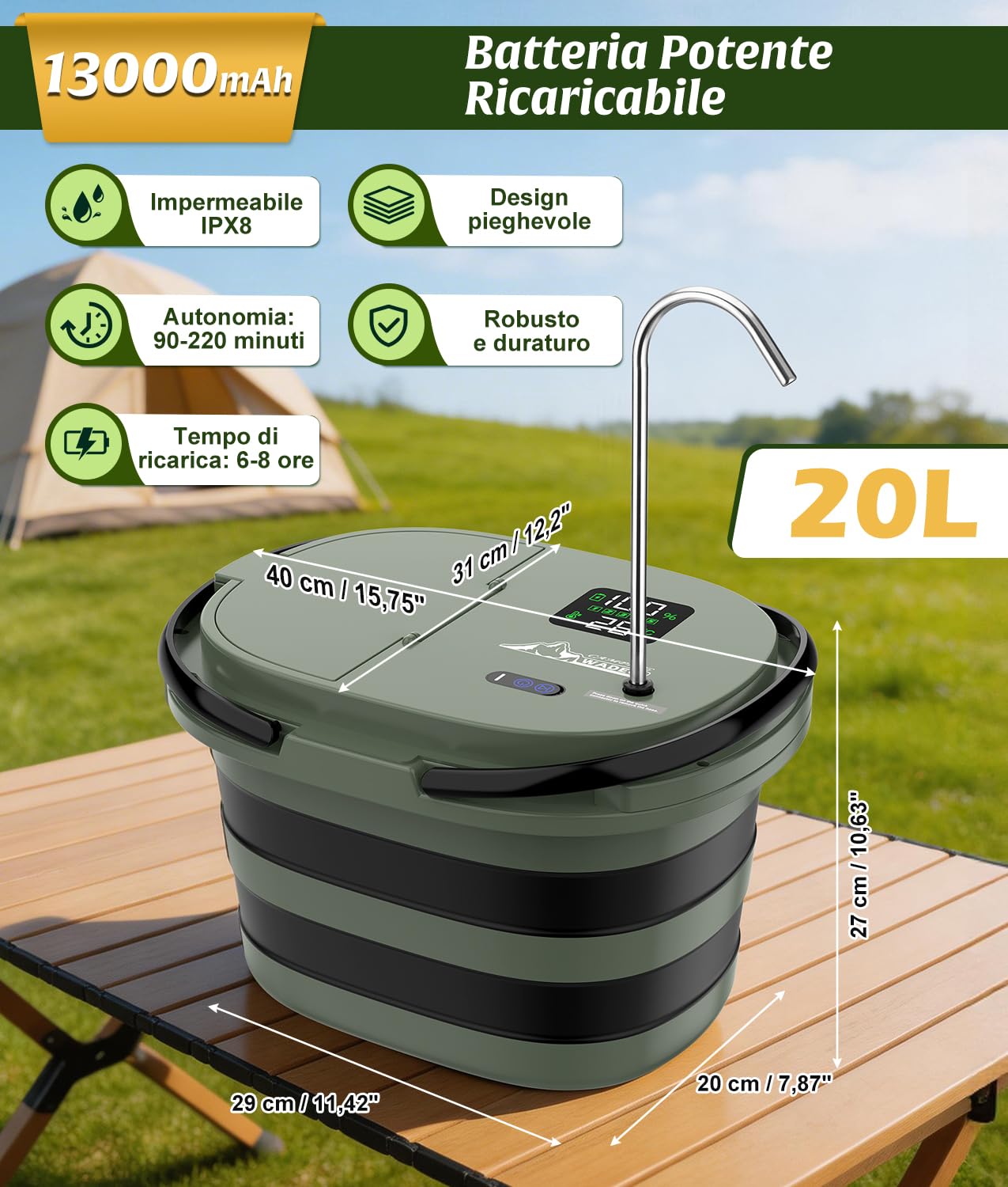 WADEO 2026 Nuova Doccia Portatile, [Secchio Antiperdita e Pompa Integrati] [13000mAh], 5 velocità e 4 modalità di Getto, per Campeggio, Camper, Animali Domestici, Spiaggia, Giardino