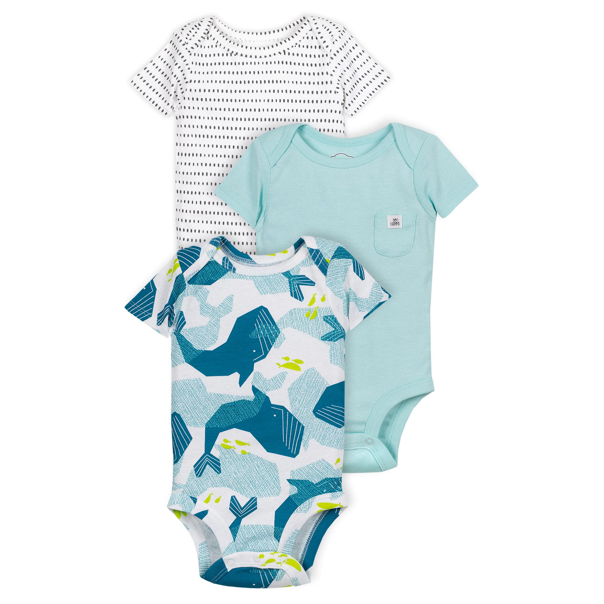 Lamaze Organic Organic Cotton One-Piece PJ Whale Short Sleeve Bodysuit for Boys | Sleep Wear, Diaper Shirt | Soft and Breathable Baby | Pack of 3 | Turquoise | 6 Months