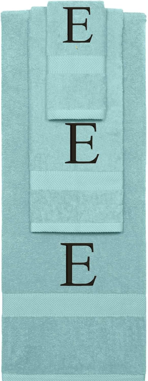 BY LORA Personalized Embroidered Initials A-Z - 100% Terry Cotton Ring Spun Bath Towel, Hand Towel and Washcloth Set - Purple Towel Set, Silver Times New Roman Initial G