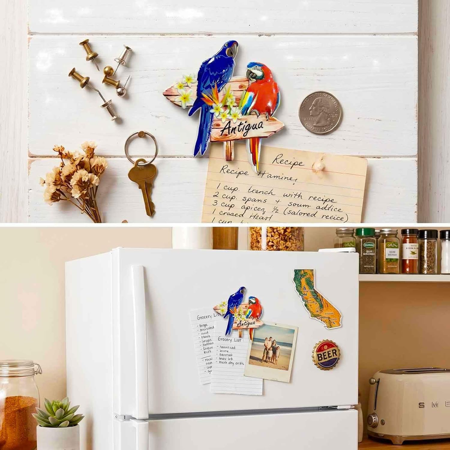 Antigua Tropical Parrots Fridge Magnet - 3D Resin Macaw Birds Refrigerator Magnet, Caribbean Travel Souvenir, Plumeria Floral Cruise Gift for Bird Lovers, 3.54 x 3.23 Inches image 4