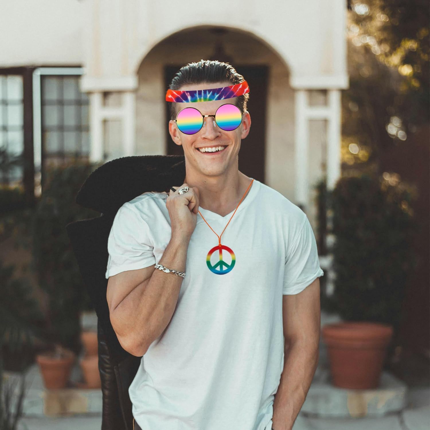 Tabanzhe 3PCS Hippie Costume Set-Sunflower Headband Peace Necklace Circle Hippie Sunglasses Set 60s 70s Fancy Dress Accessories Disco Style Outfit for Men Women - Image 3