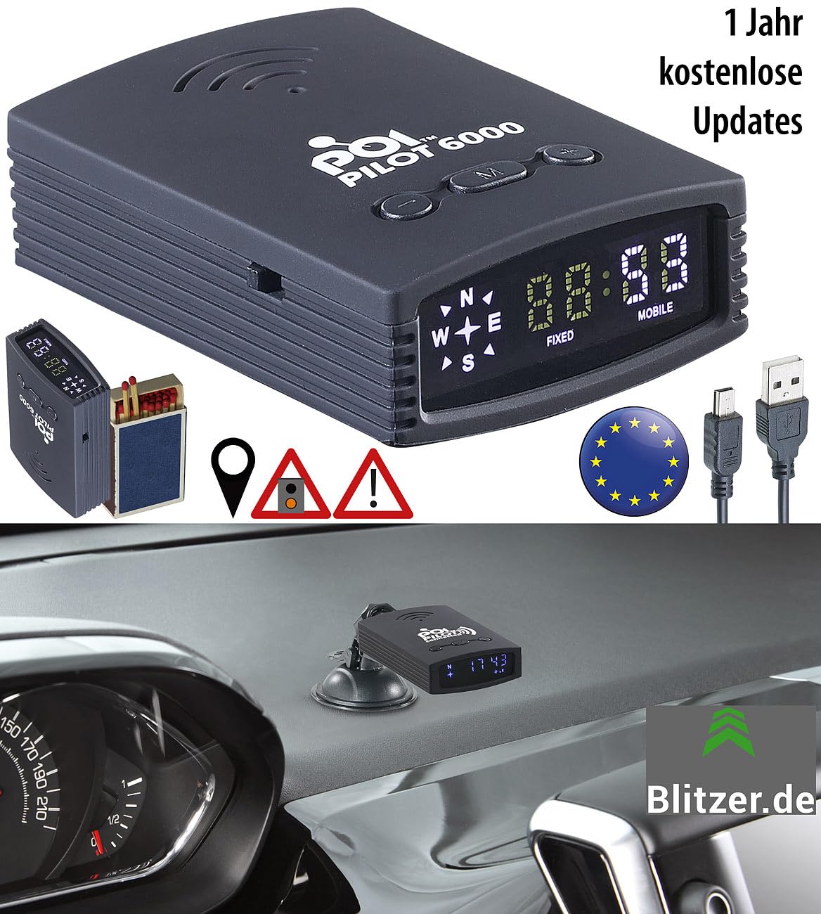 POI Pilot Pilot: GPS-Gefahren-Warner mit POI-Daten für Europa, 1 Jahr kostenl. Updates (Radarwarner, Gefahrenwarner, Dash)