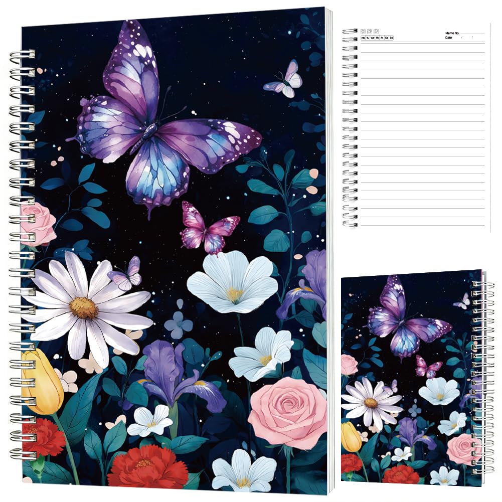INFUNLY Butterfly Flower Spiral Notebook 5.5"x8.3" Floral Night Spiral Journal Butterfly Spiral Diary Wildflowers Wire Bound Notebook Leaf Coil Bound Pad for Office School Classroom Gifts