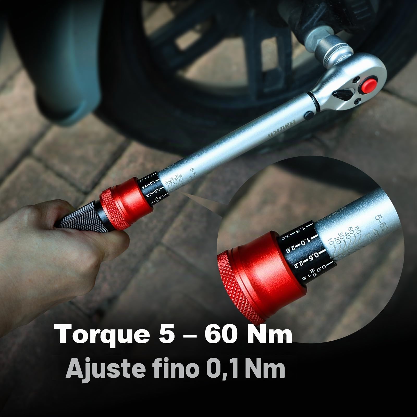 Hairich Llave dinamométrica de 3/8 pulgadas 5-60 Nm para bicicleta, motocicleta y coche – 72 dientes cabeza de carraca, juego de 3 piezas con extensión de 125 mm y adaptador de 3/8 "-1/4", perfecto