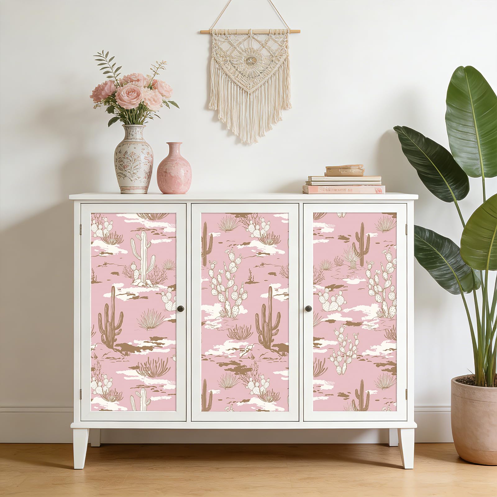 FunStick 44.5CMx9M Papel Pintado Rosa Flores Cactus Papel Pintado Pared Dormitorio Habitación Planta Suculenta Vinilos Rosa para Muebles Armarios Decorativo Vinilo Adhesivo Pared Hojas Cactus Desierto