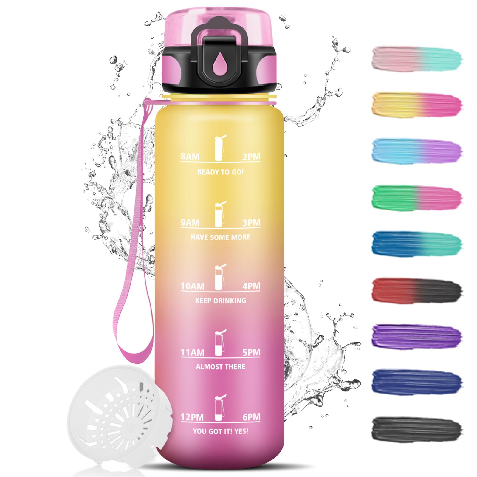 Grsta 1 Litre Water Bottle, Sports Water Bottle with Filter, Wide Mouth, Carrying Loop, 1000 Millilitres, Plastic, Perfect for Sports Activities, School, Outdoor, Yoga, Fitness