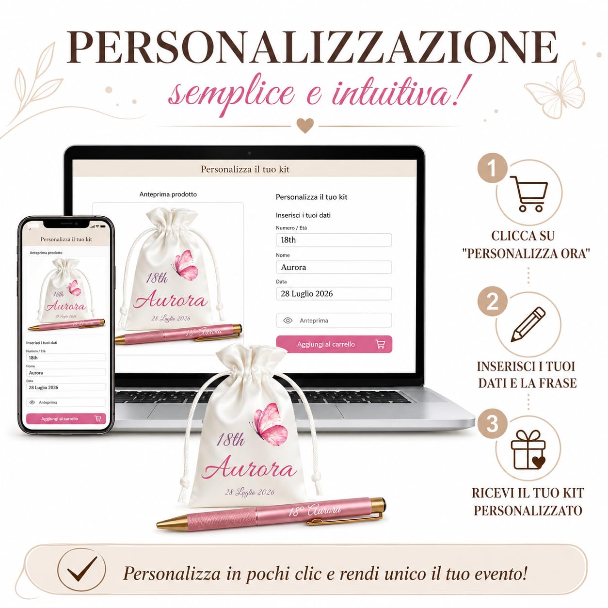 Kit 12 Sacchetti e 12 Penne Personalizzati 18 Anni Bomboniere Compleanno | Bomboniere eleganti con nome, età e data: ricordo perfetto per invitati e amici.