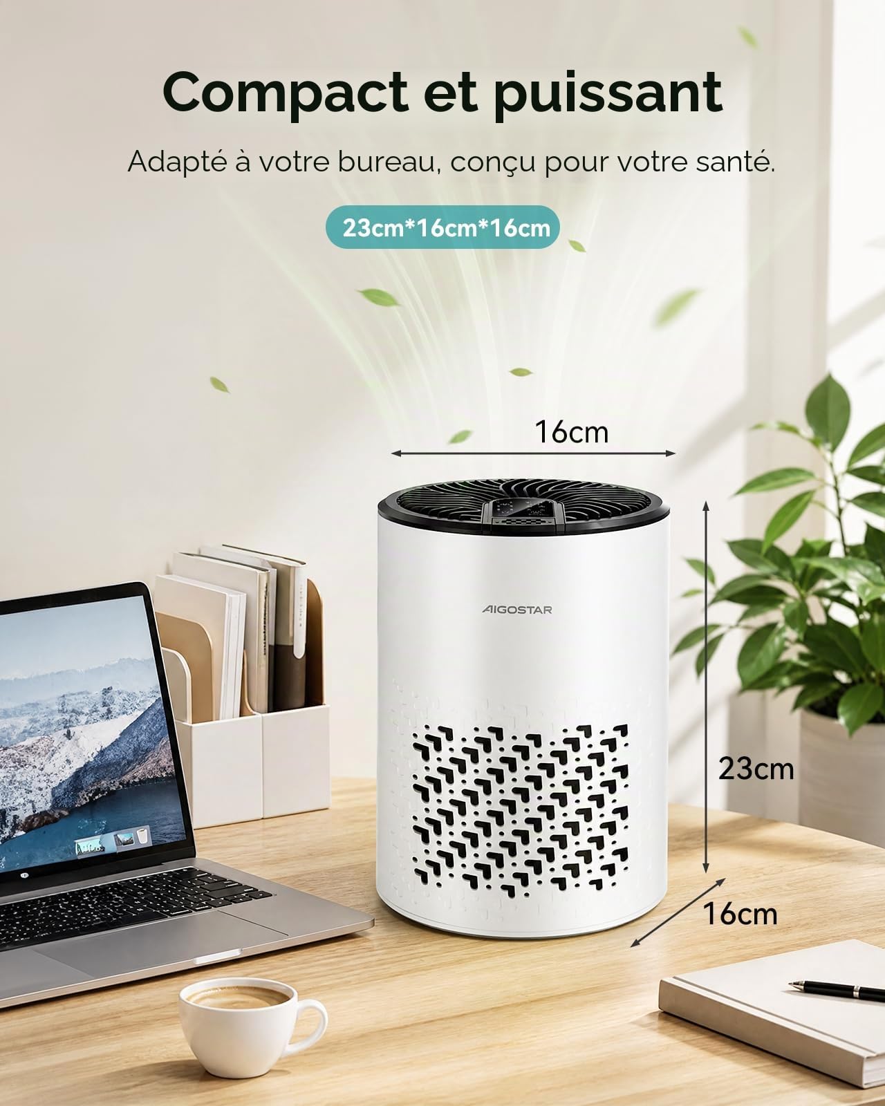 Aigostar Purificateur d‘air avec Filtre HEPA 4 en 1 et Charbon Actif, Ultra Silencieux 15dB avec Aromathérapie, pour Chambre Anti-Allergies, Élimine Poils, Fumée & Odeurs