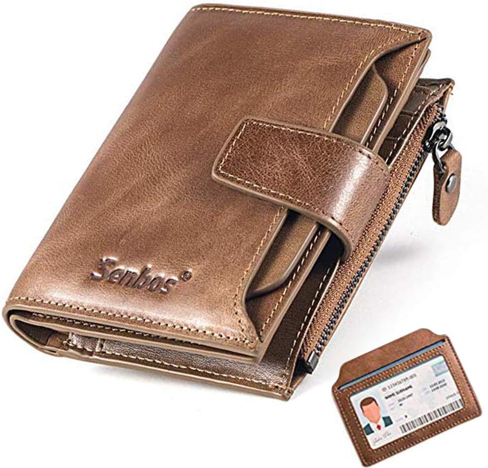 Wallet Mens, RFID Blocking Genuine Leather Wallet for Men with 18 Credit Card Slots, 2 Banknote Compartments, 1 Zipper Pocket and Removable ID Card Holder, Classic Vertical Wallet with Gift Box