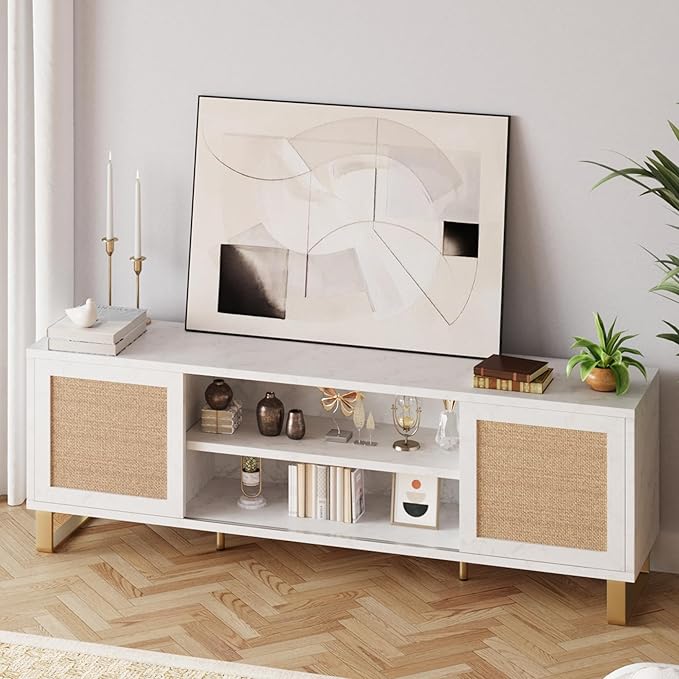 GarveeHome Rattan Tv Stand for 65 Inch, Modern White