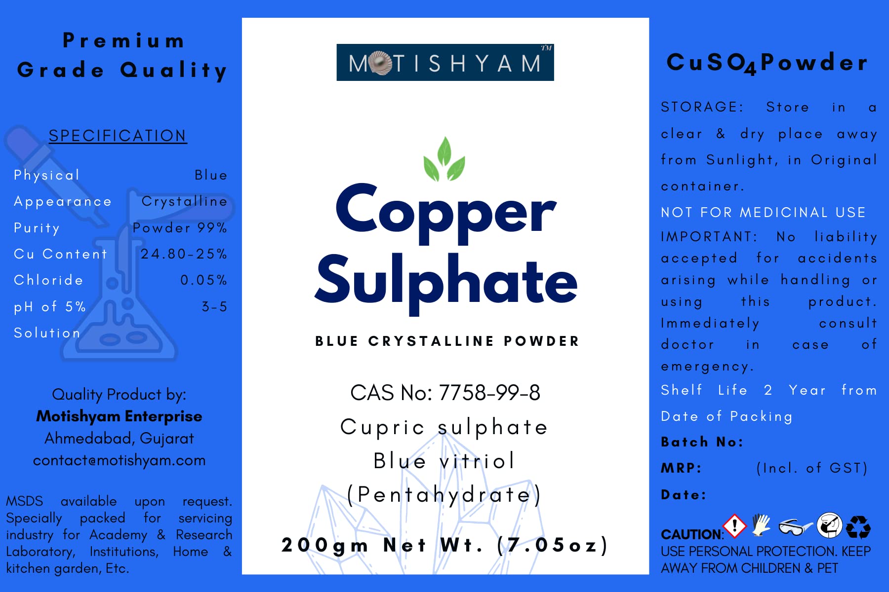 MS Copper Sulphate High Grade Powder 200 gm, temper proof packing with longer shelf life (200 gm)
