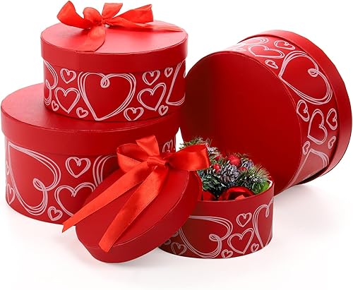 Goaste Paquete de 4 cajas de regalo redondas con tapas, cajas de regalo anidables rojas, cajas de flores apilables con cinta para arreglos, bodas,