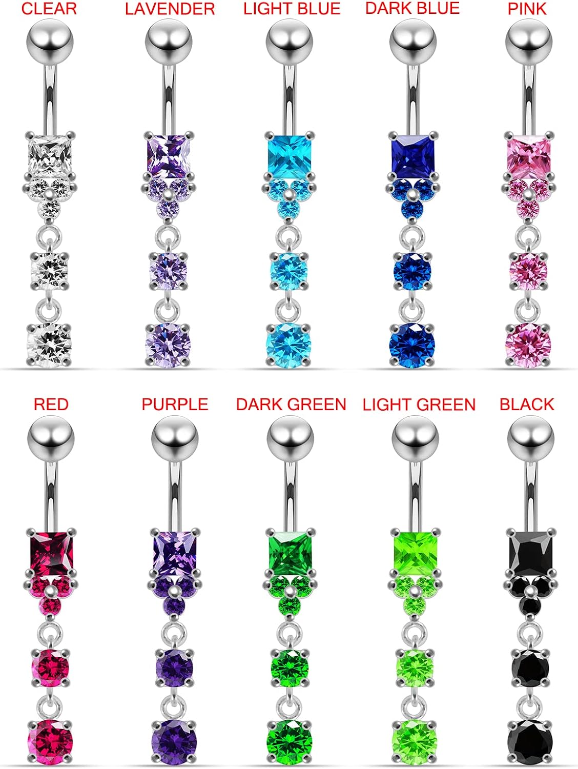 Square and 2 Round Gems Dangling Design 925 Sterling Silver with Stainless Steel Belly Ring - Belly Button jewelry - Navel jewelry