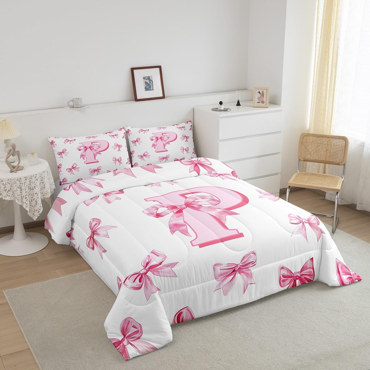 Erosebridal Initial Letter P Bedding Comforter Sets Pink Kawaii Bow Twin Bedding Set for Girls,Dreamy Princess Letter Bowknot Comforter Set for Kids Teen Women Bedroom Decor,Cute Girly Bow Bed Set - Image 3