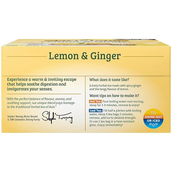 TWININGS TEA, TEA, LEMON & GINGER, Pack of 6, Size 50 BAG - No Artificial Ingredients6