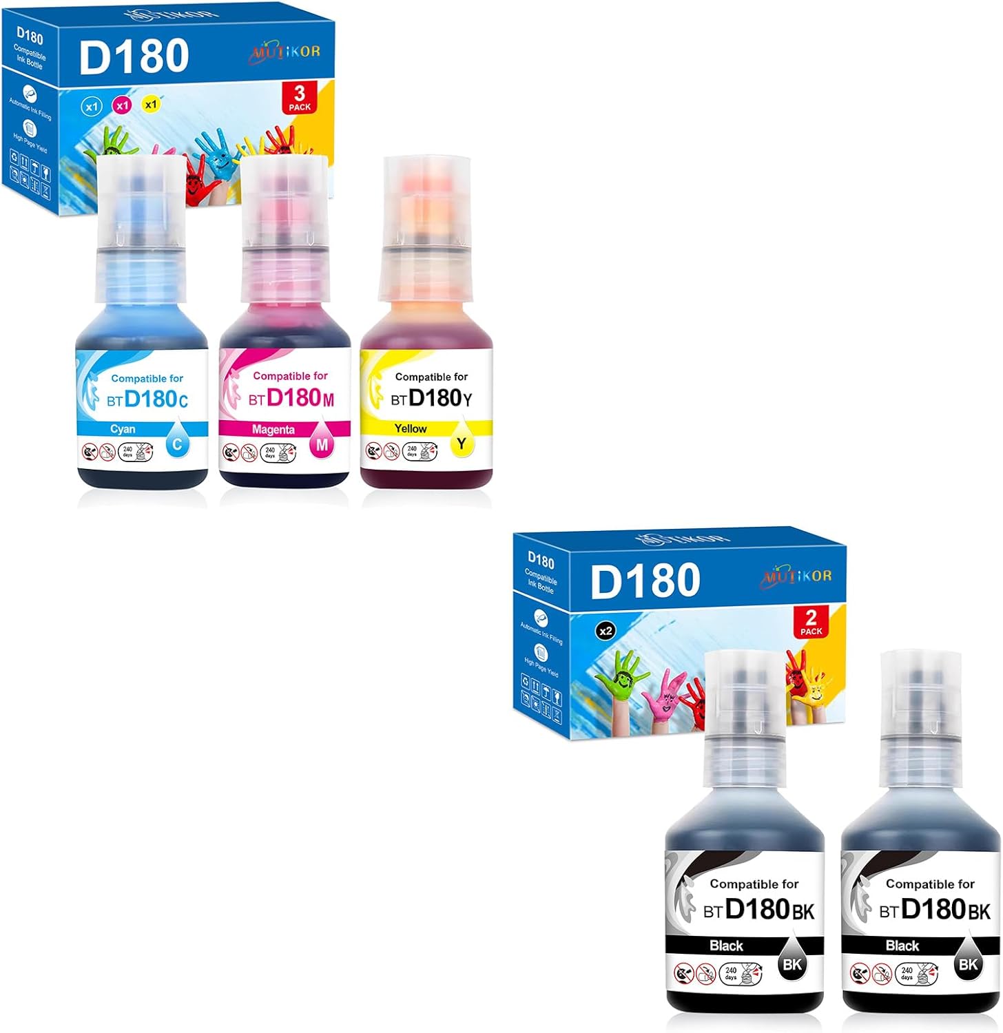 D180 Ink Refill Bottles Value Pack Replacement for Brother D180 BTD180BK BTD180CLVAL Ink