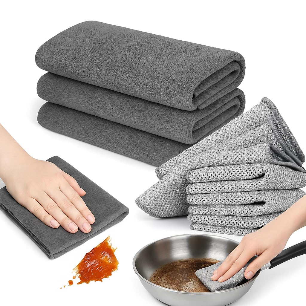 TCCO 7 PCS Kitchen Cleaning Cloth Set – 2 Thickened Magic Microfiber Towels & 5 Non-Scratch Steel Wire Dishcloths, Reusable & Absorbent Rags for Dishes, Pots, Pans, Car & Household Cleaning