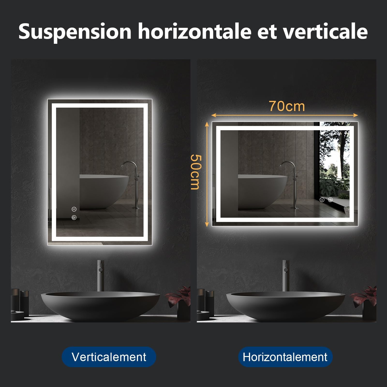 Trintion Miroir Salle de Bain LED 70x50 cm Éclairage 3 Couleurs Réglable