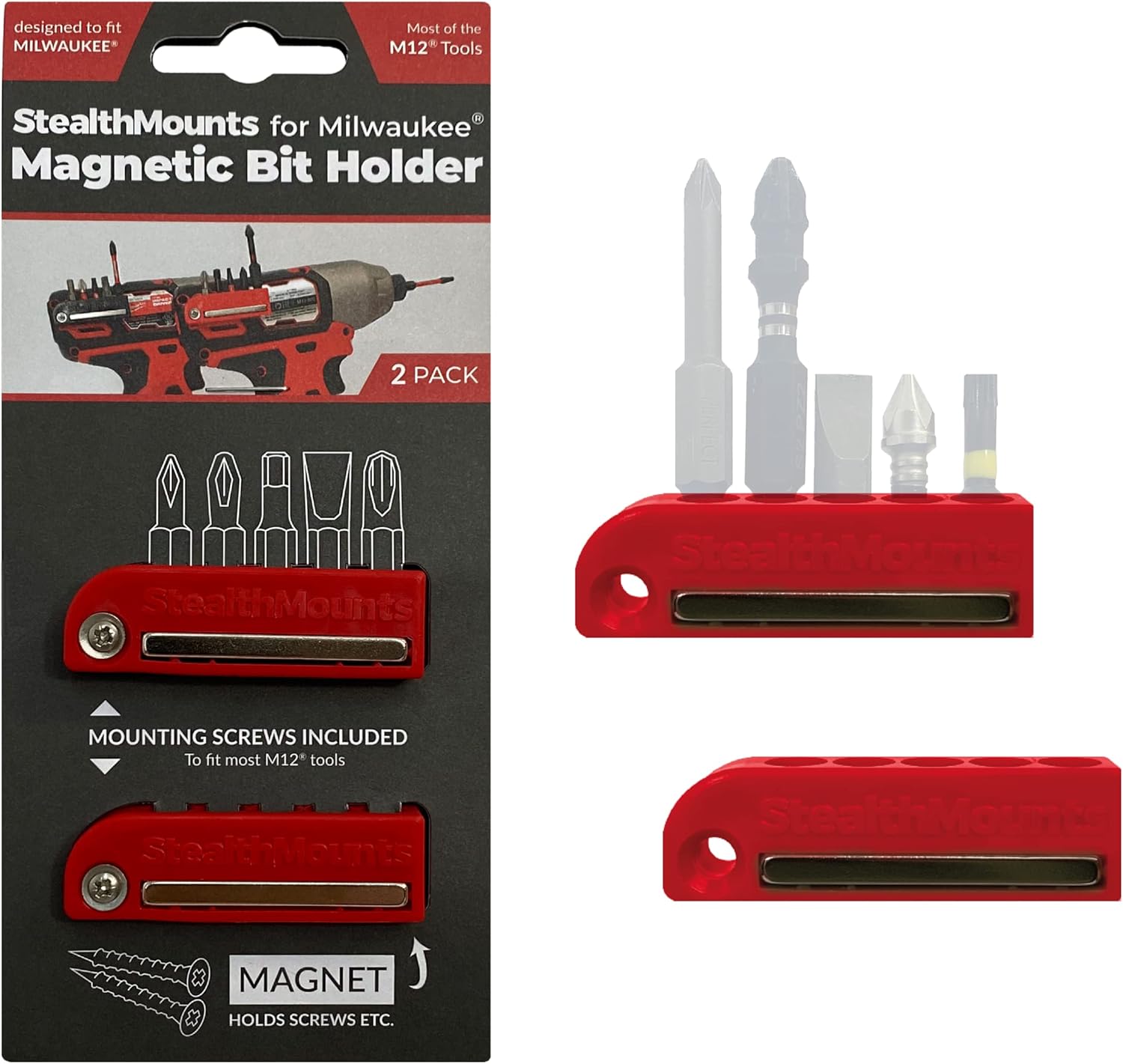 StealthMounts Black Milwaukee M12 Magnetic Bit Holder, Red, ef of 2 pk