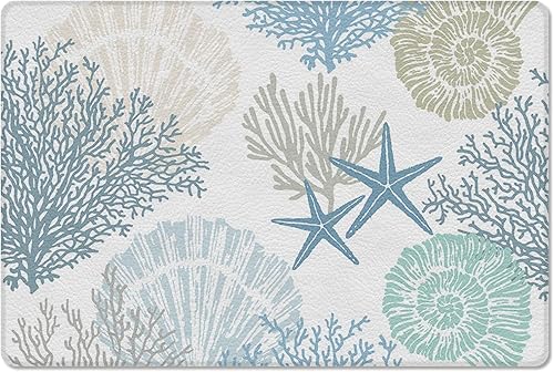 Tapete de cocina acolchado antifatiga, geométrico, abstracto, azul océano, coral, estrella de mar y concha, súper suave, tapete antideslizante de