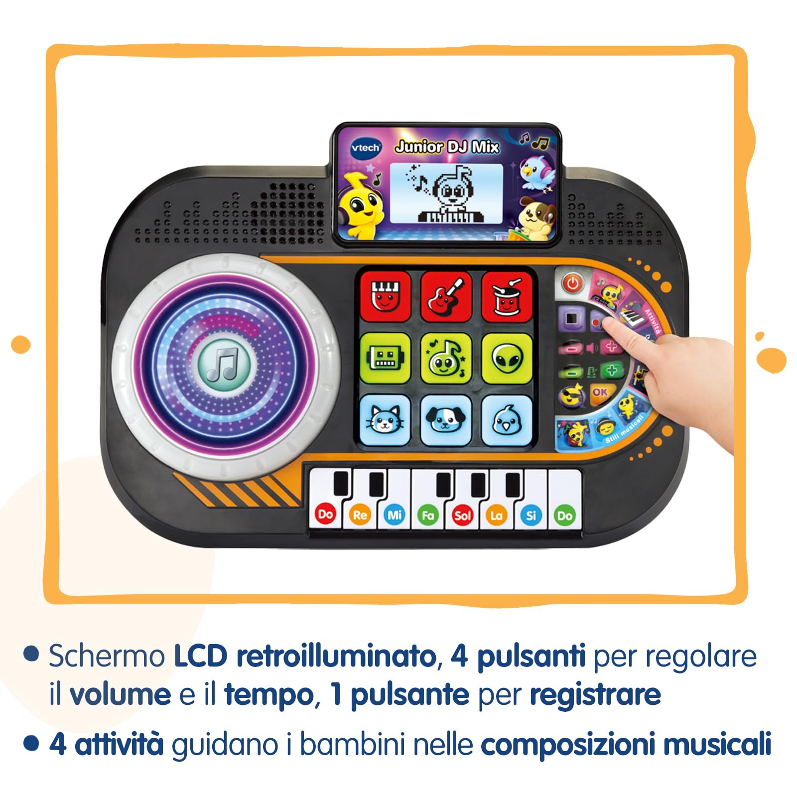VTech Junior DJ Mix, Console da DJ per Bambini, Pulsante Registrazione, DJ Mix da Bambini con Tasti del Pianoforte, Schermo LCD e Piatto con Disco Luminoso, Lingua Italiana, Batterie Incluse, 3-7 Anni