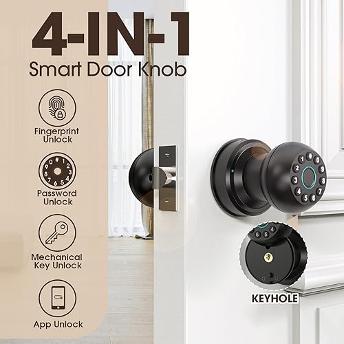 Miniatura 2 de Cerradura de puerta de huellas dactilares, perilla inteligente de puerta de huellas dactilares con teclado, pomos de puerta biométricos con control