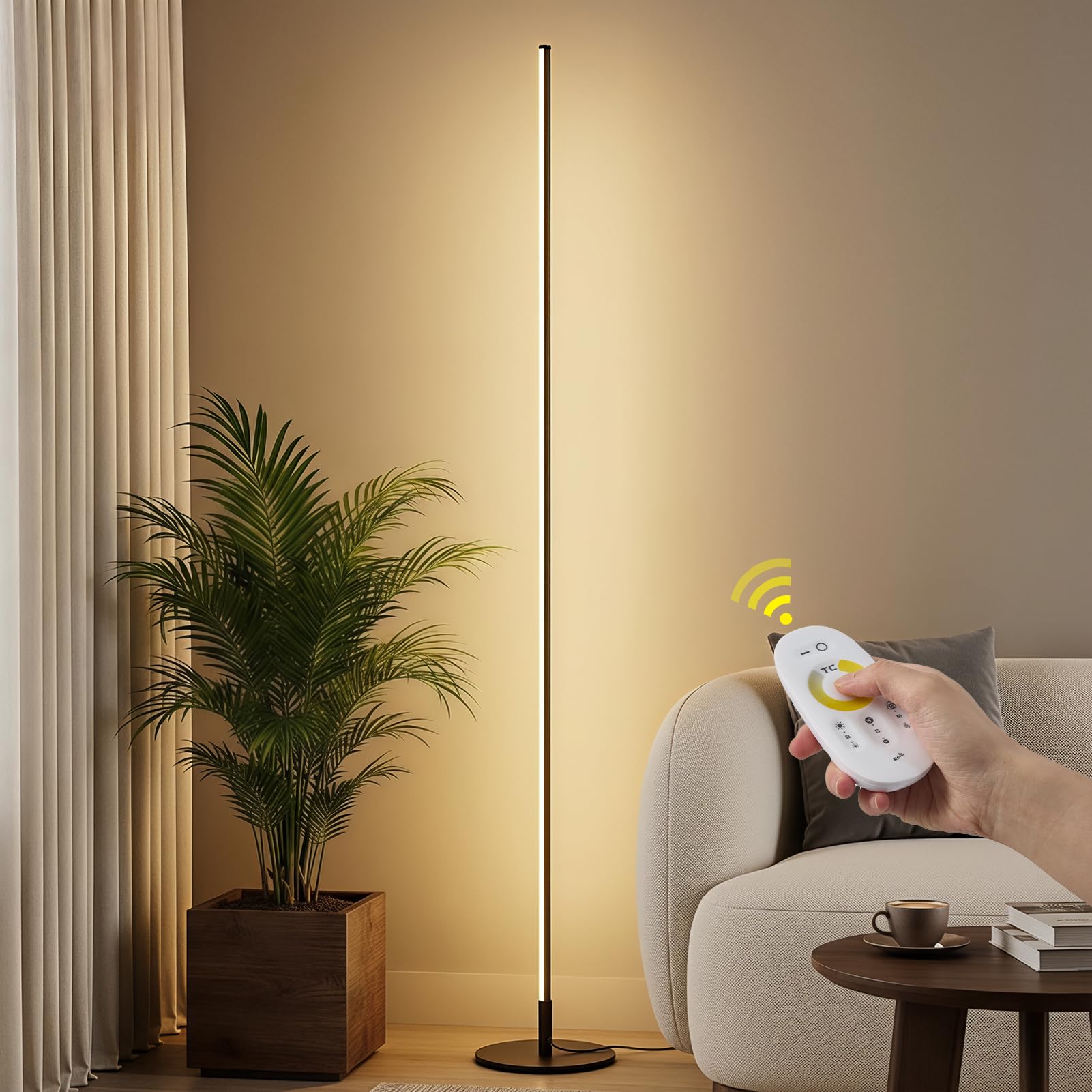 Warmiehomy LED Floor Lamp, 57.8'' Stepless Dimmable Minimalist Standing Lamp with Foot Switch, Tall Corner Lamp for Living Room, Bedroom, Office, 3000K-6000K Modern Standing Mood Lamp, Black