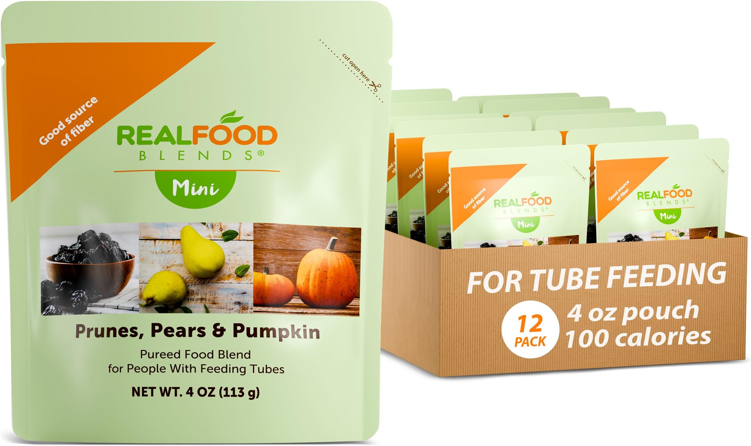 Real Food Blends Mini - Prunes, Pears & Pumpkin - Pureed Blended Snack for Feeding Tubes, 4 Oz Pouch (Pack of 12 Pouches)