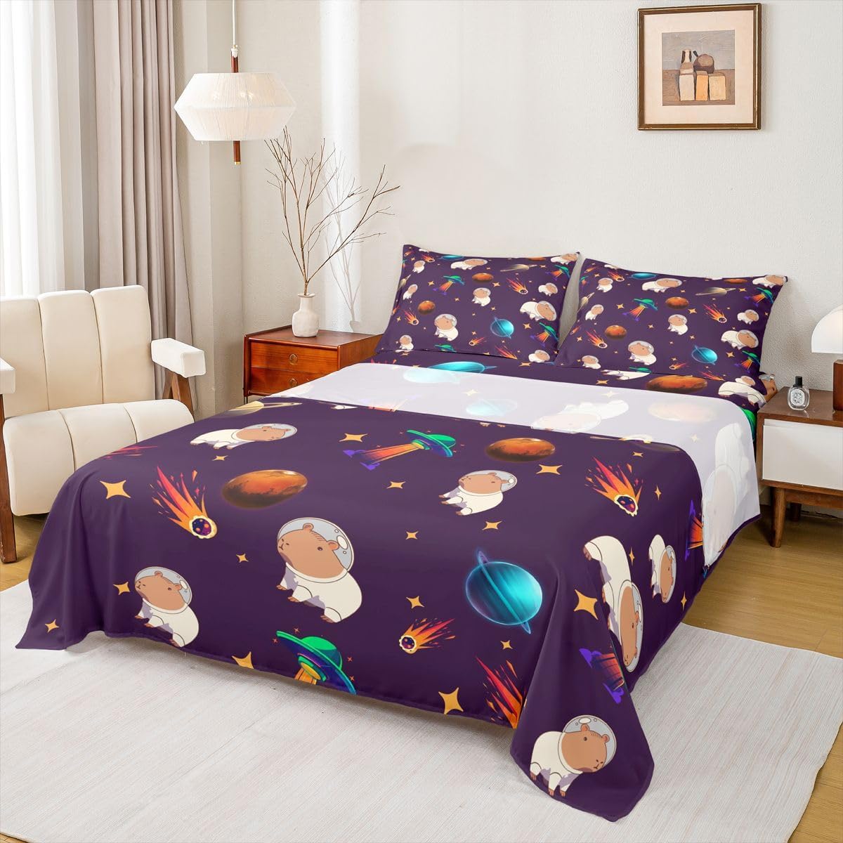 Erosebridal Capybara Bed Sheets Set Gifts for Capybara Lovers Sheet Set Universe Outer Space Themed Sheets Cute Cartoon Funny Capybara Fitted Sheet Lovely Wild Rodent Animal Capybara Flat Sheet King