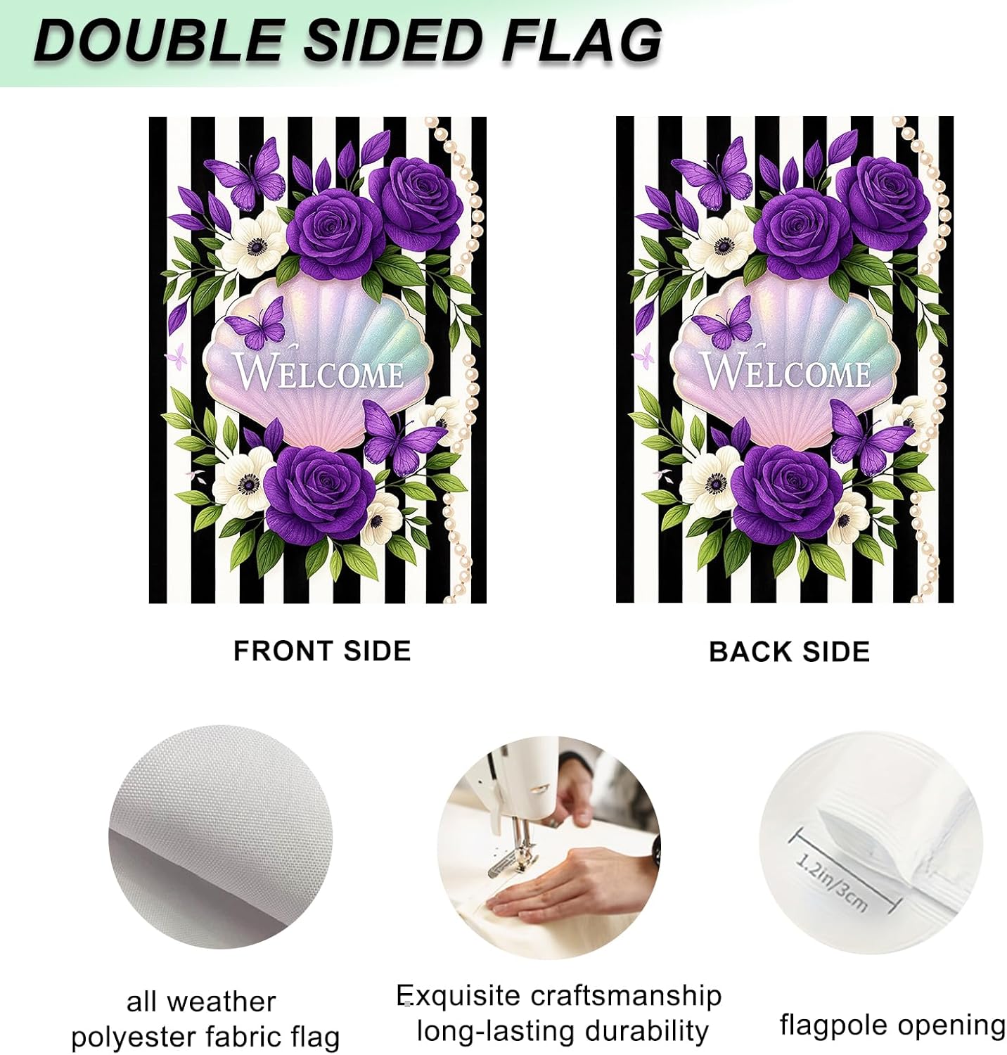IVN Welcome Spring Floral Seashell Design Purple Roses Black And White Stripes 12x18 Inch Double Sided Outdoor Yard Decor For Farmhouse Patio Lawn Home Spring Garden Flag Floral Garden Flag - Image 4