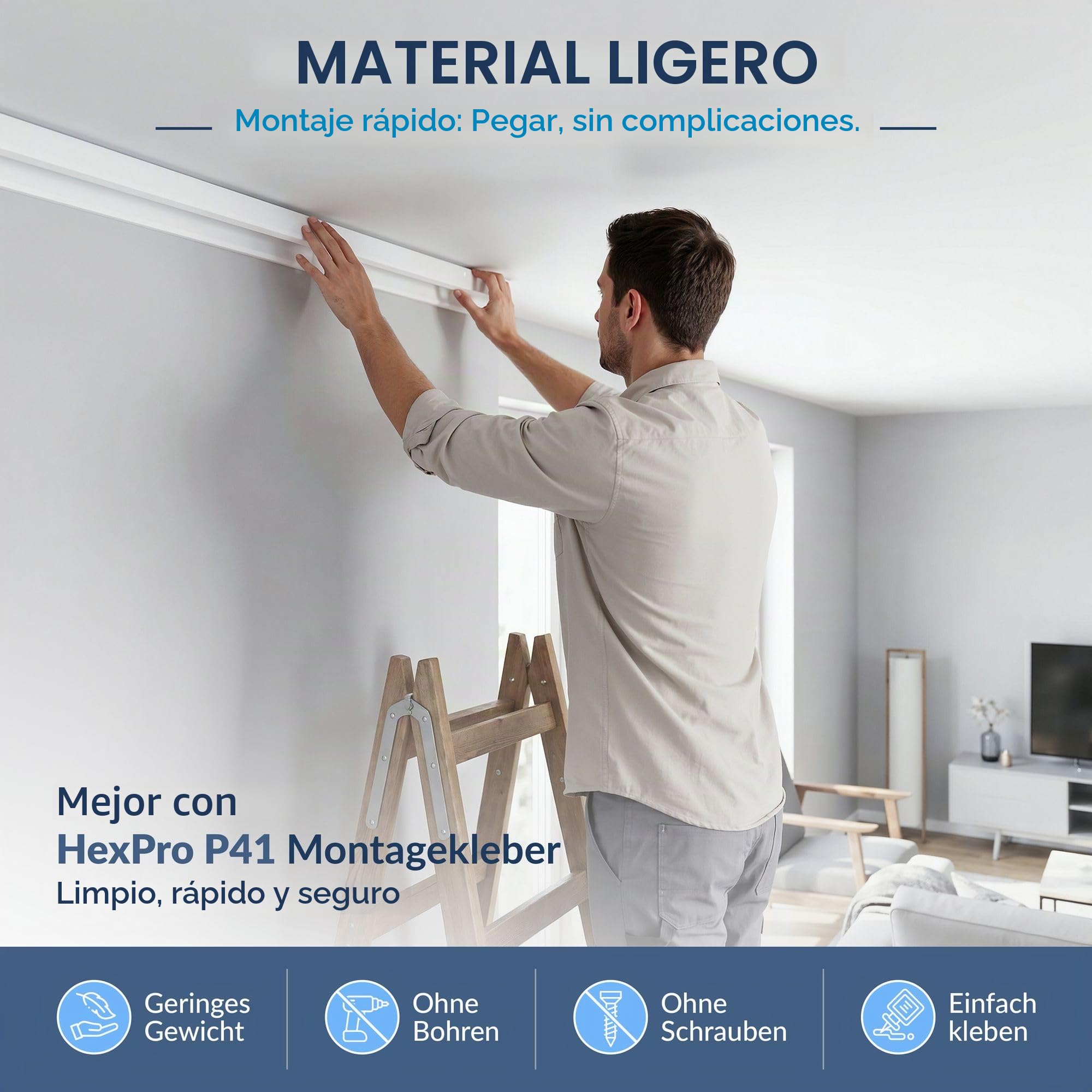 HEXIMO LED molduras de estuco 2en1, iluminación indirecta molduras de techo XPS poliestireno perfil de iluminación abombado (10,2 Metros HLED 19)